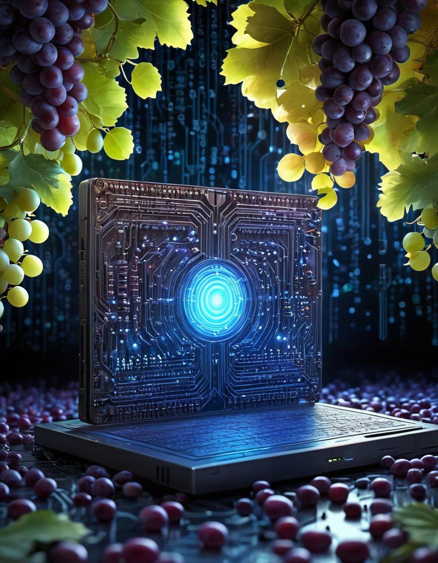 A vintage DVD with a glowing digital circuit design emerging from it, surrounded by ripe grapes cascading into a stream of binary code. The background is a futuristic tech landscape with soft, ambient lighting. The image symbolizes the transition from physical media to digital data. super-realistic. vibrant colors. 3D.