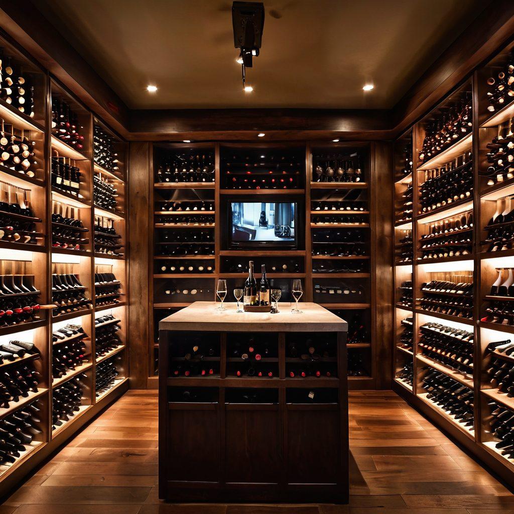 A luxurious wine cellar filled with beautifully arranged wine bottles, each labeled with digital media symbols like a camera, a music note, and a film reel. Soft warm lighting creates an inviting ambiance, while a vintage corkscrew and a glass of red wine sit elegantly on a polished wooden table. Incorporate elements of digital technology like glowing screens or circuit patterns subtly integrated into the wooden shelves. super-realistic. warm colors. elegant atmosphere.