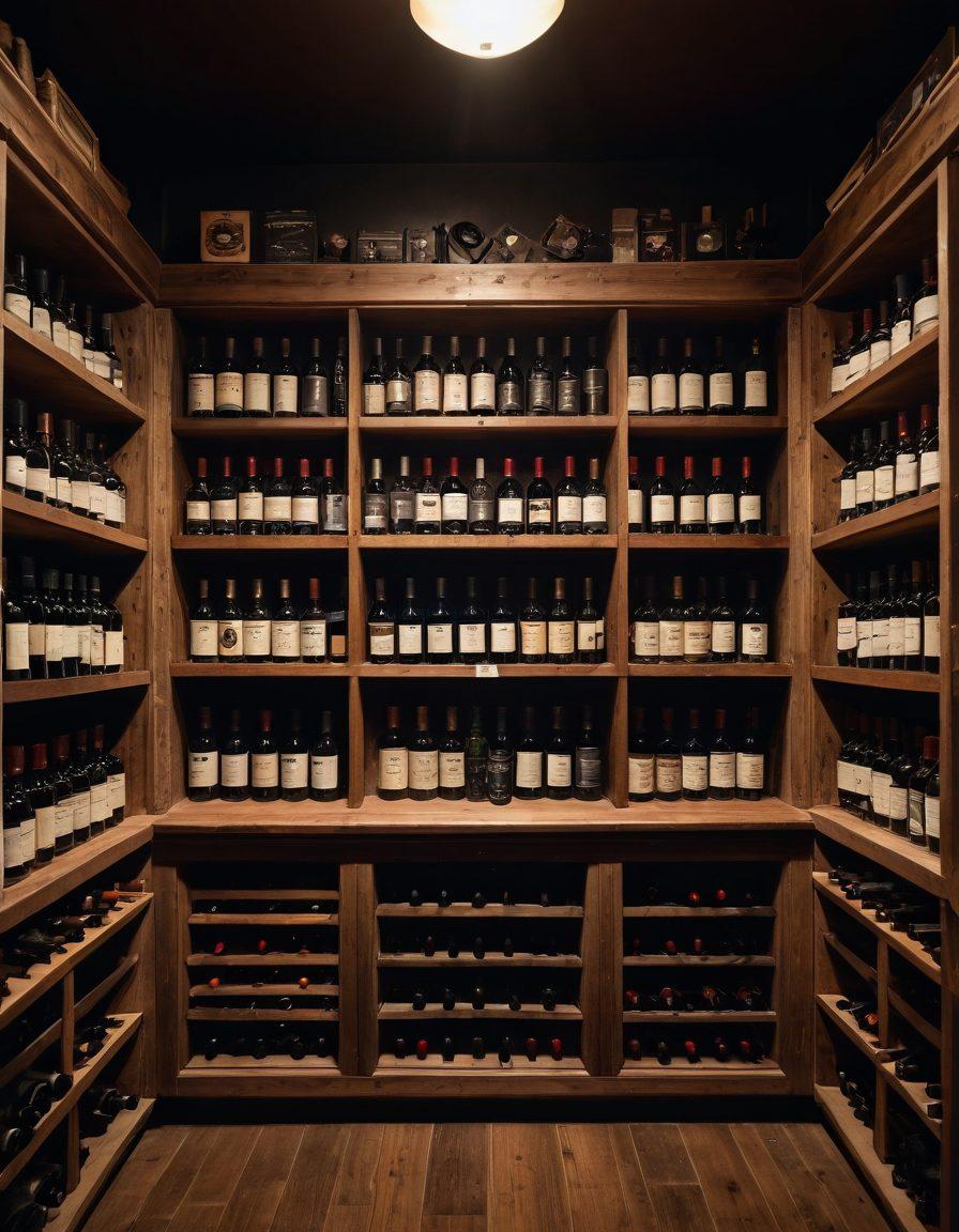 A beautifully arranged wooden wine cellar displaying various wine bottles, with a shelf filled with multimedia items like vinyl records, vintage film reels, and classic cassette tapes. Soft ambient lighting casts a warm glow, evoking a sense of nostalgia and elegance. Include subtle details such as aged wood textures and a chalkboard with notes on preservation techniques. soft focus. vintage aesthetic. warm tones. dark background.